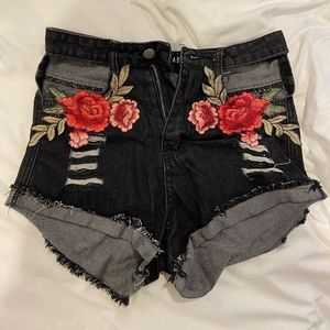 Rehab black denim shorts with flower patches